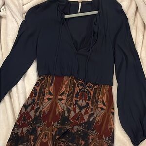 Free People Navy and Brown Patterned Dress